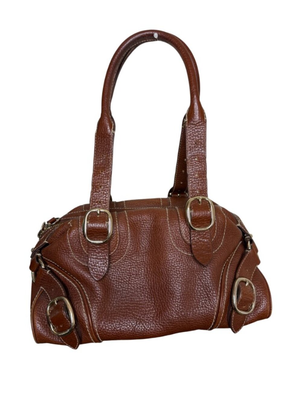 Burberry Bowler Bag Purse Satchel Pebbled Leather Double Handle Brown Plaid